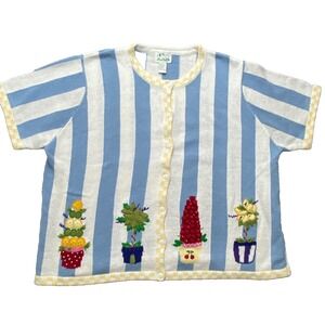 Quacker Factory Womens 3X Cardigan Sweater Blue White Striped Embroidered Summer